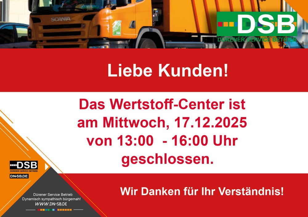 Wertstoff-Center am 17.12.2025 teilweise geschlossen